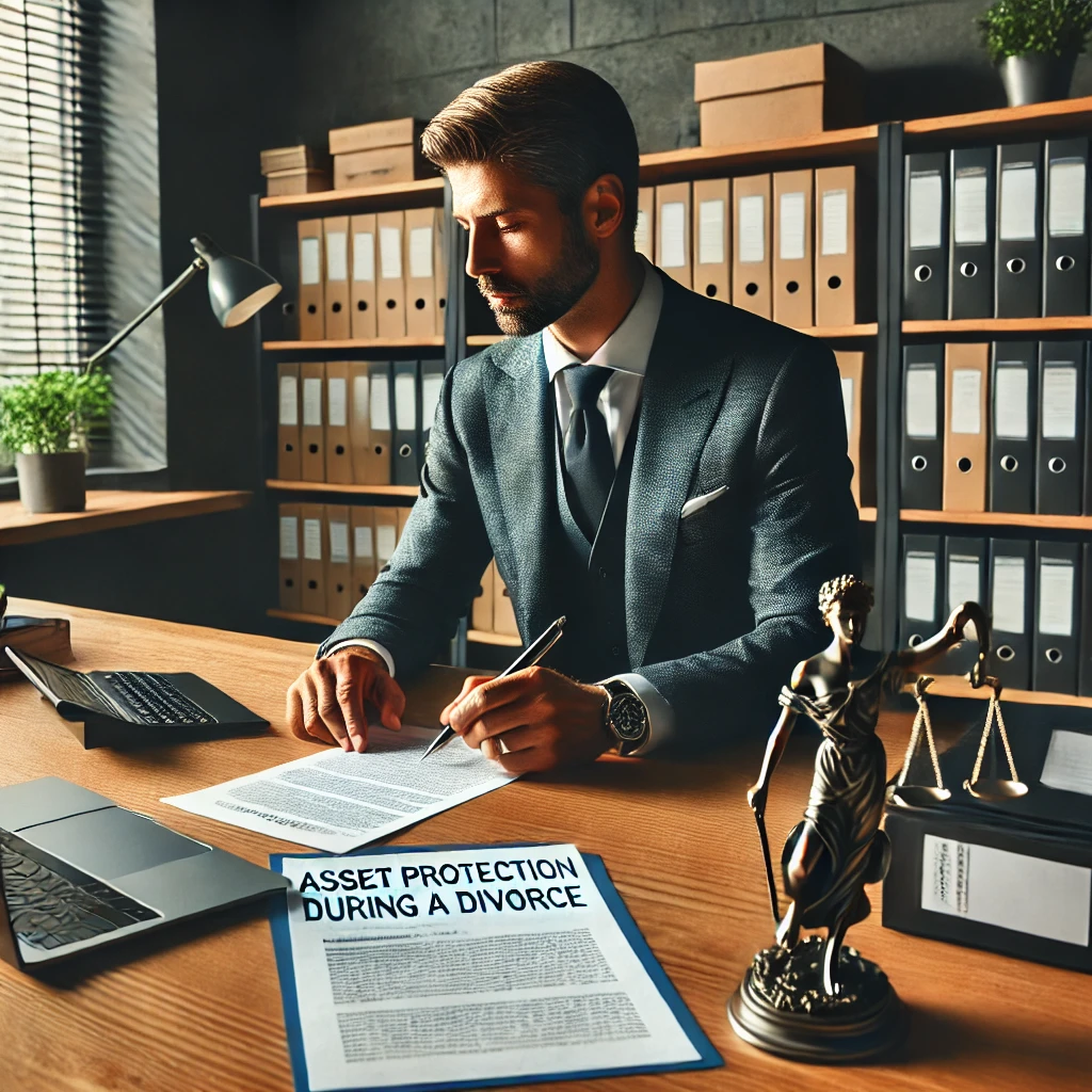 Business owner reviewing documents to protect assets during a divorce.