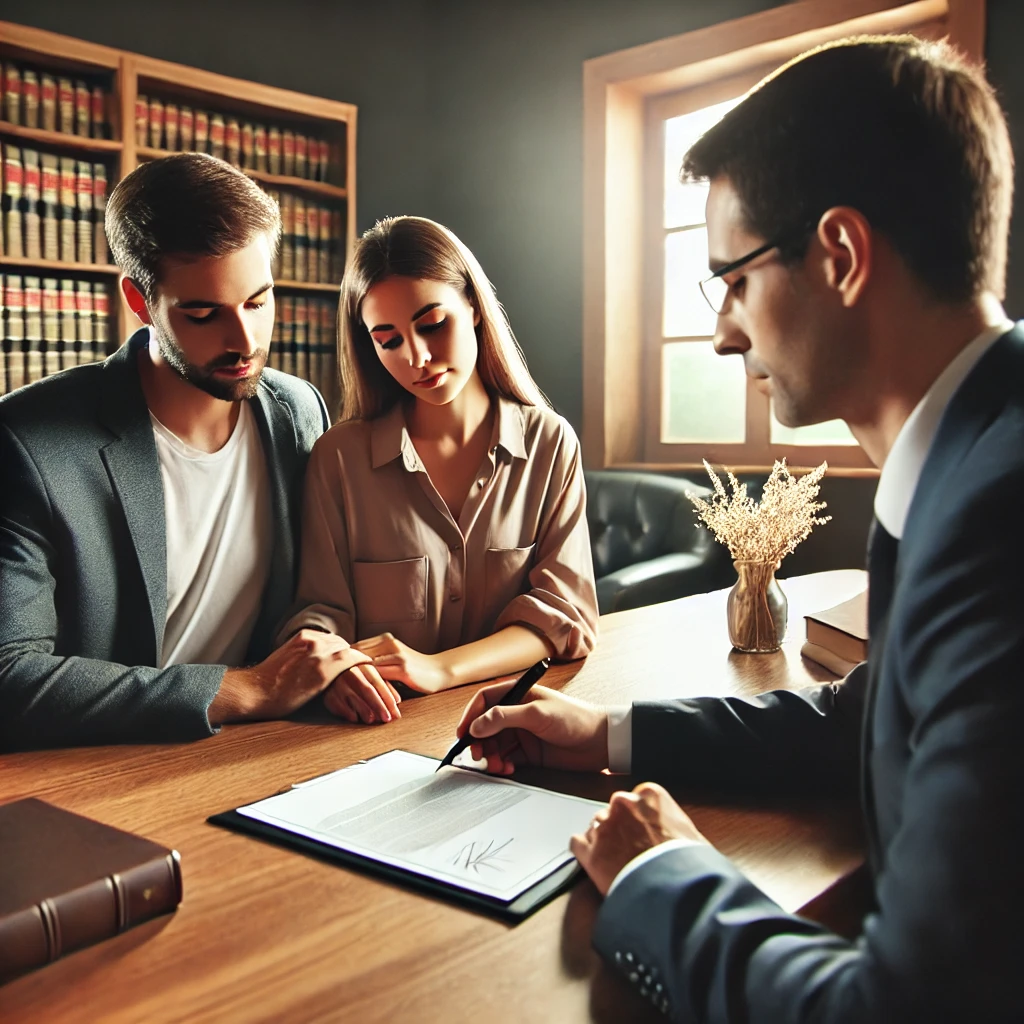 Couple signing a prenuptial agreement with a  Webb Famil Law Firm lawyer's guidance.