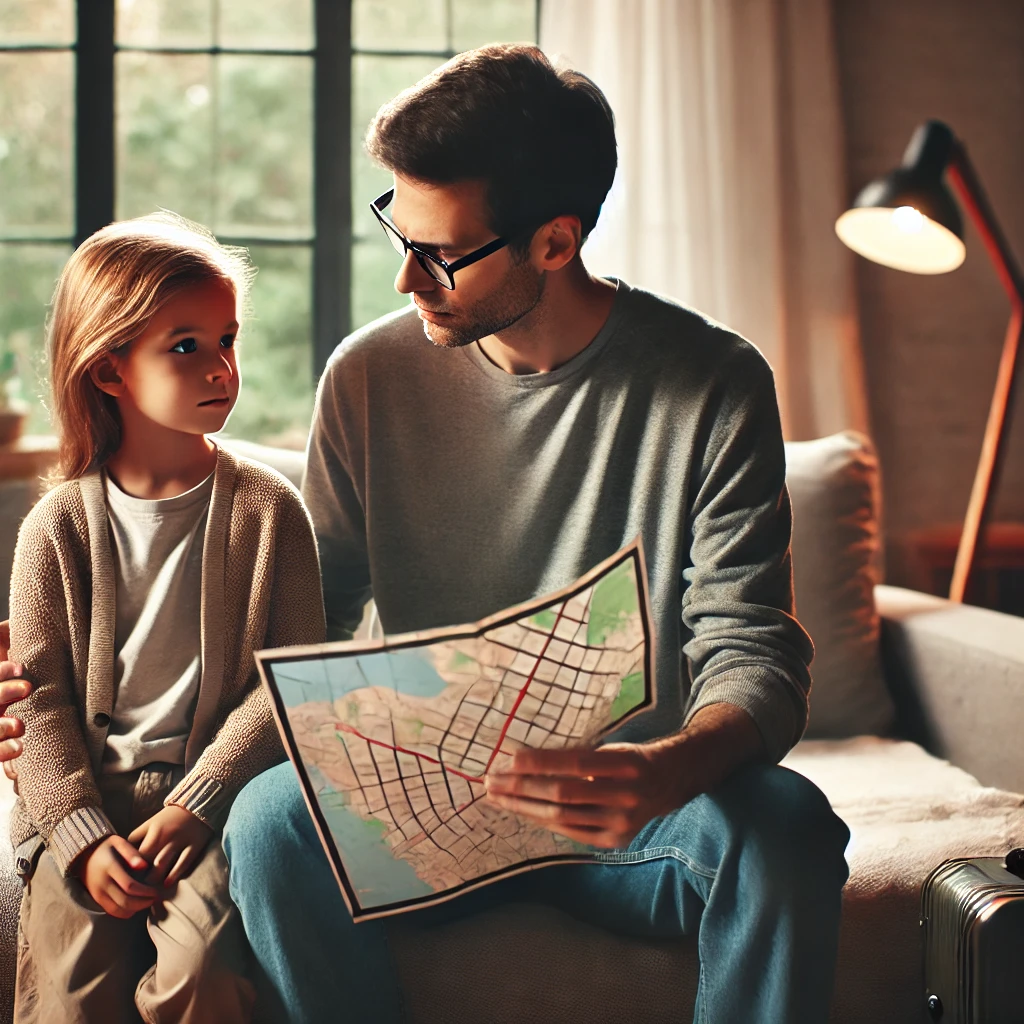 Parent and child looking at a map, symbolizing relocation decisions.