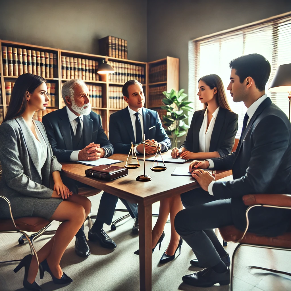 Lawyers and clients discussing family dispute resolutions using collaborative law.